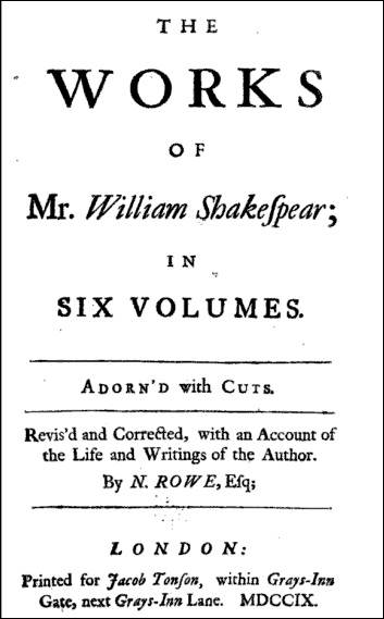 Титульная страница первого тома собрания сочинений У. Шекспира в редакции Н. Роу (1709)